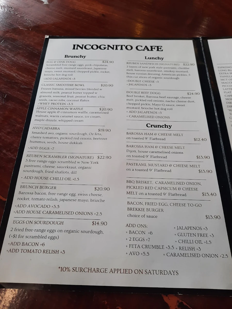 Menu, Incognito Cafe