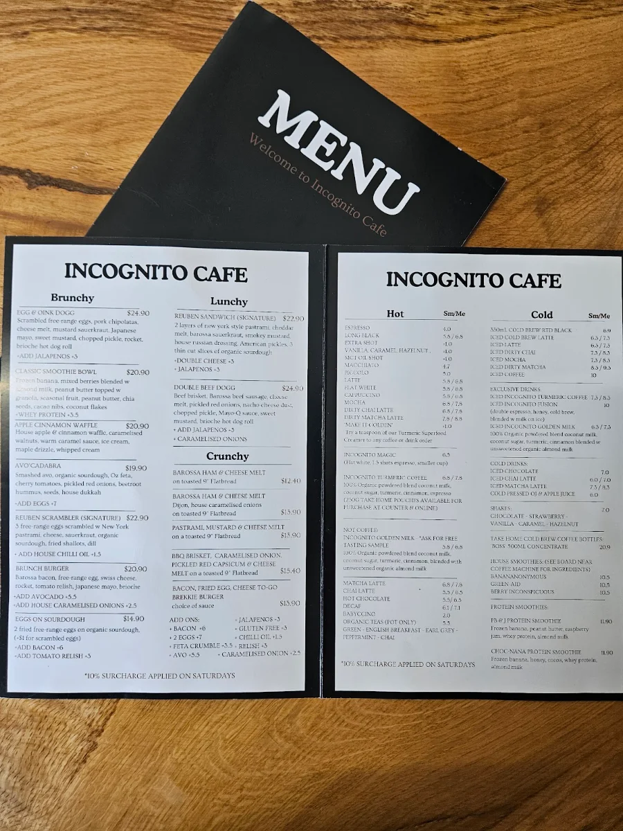 Menu, Incognito Cafe