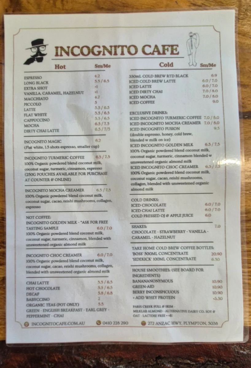 Menu, Incognito Cafe