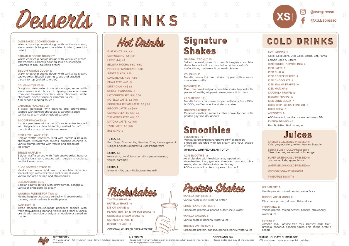 Menu, XS Espresso - UNSW