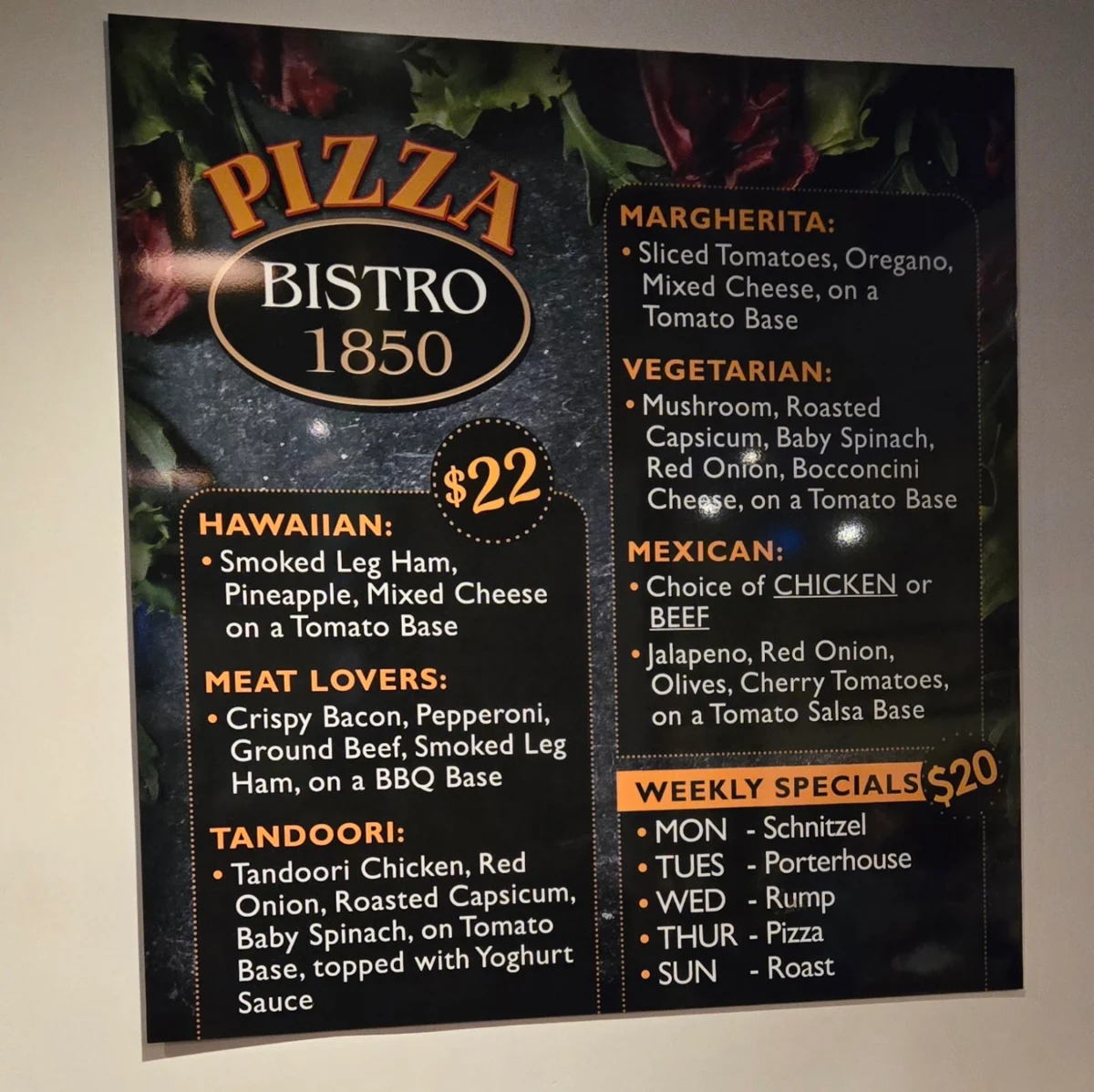 Menu, Bistro 1850