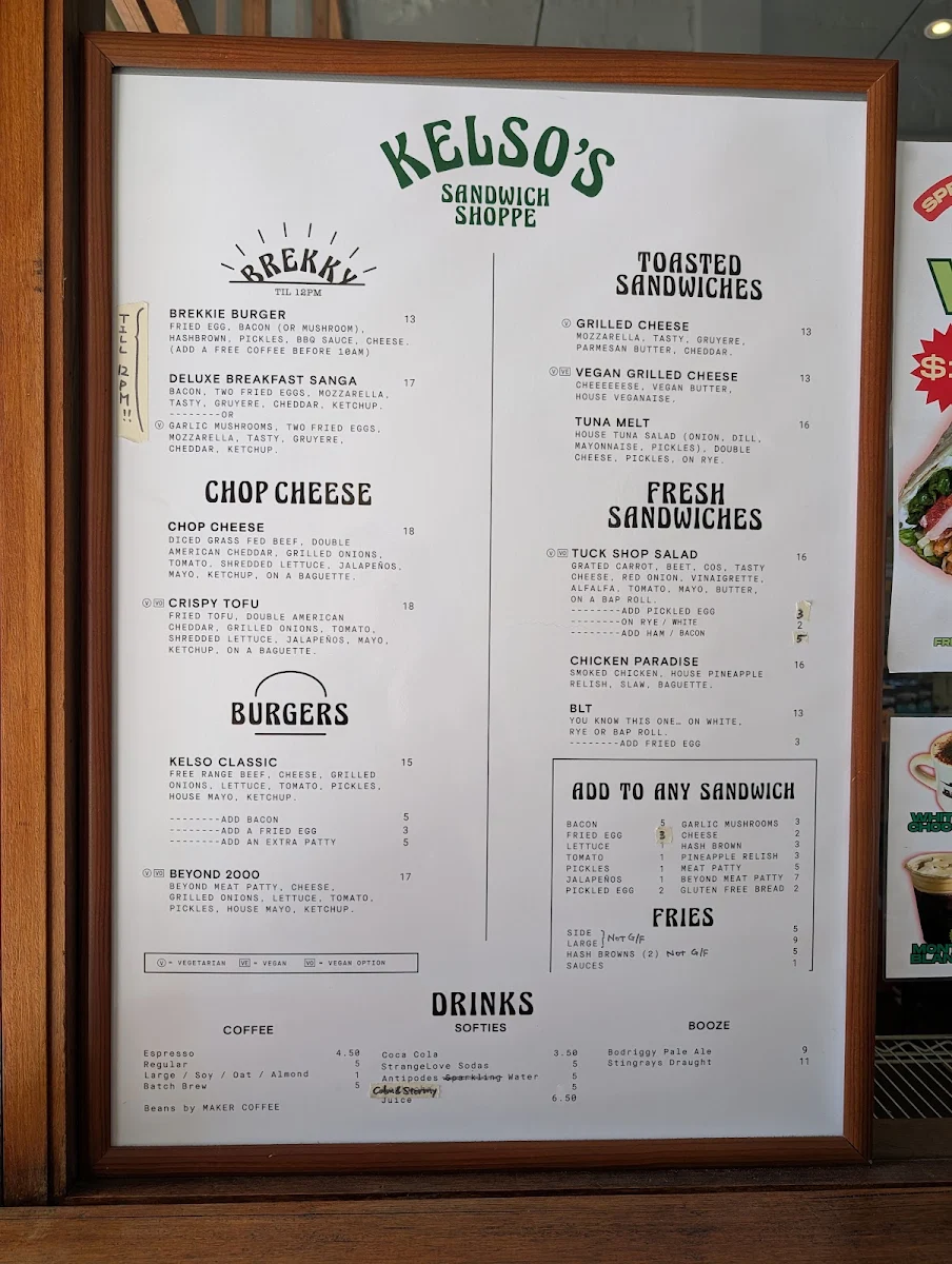 Menu, Kelso's Sandwich Shoppe