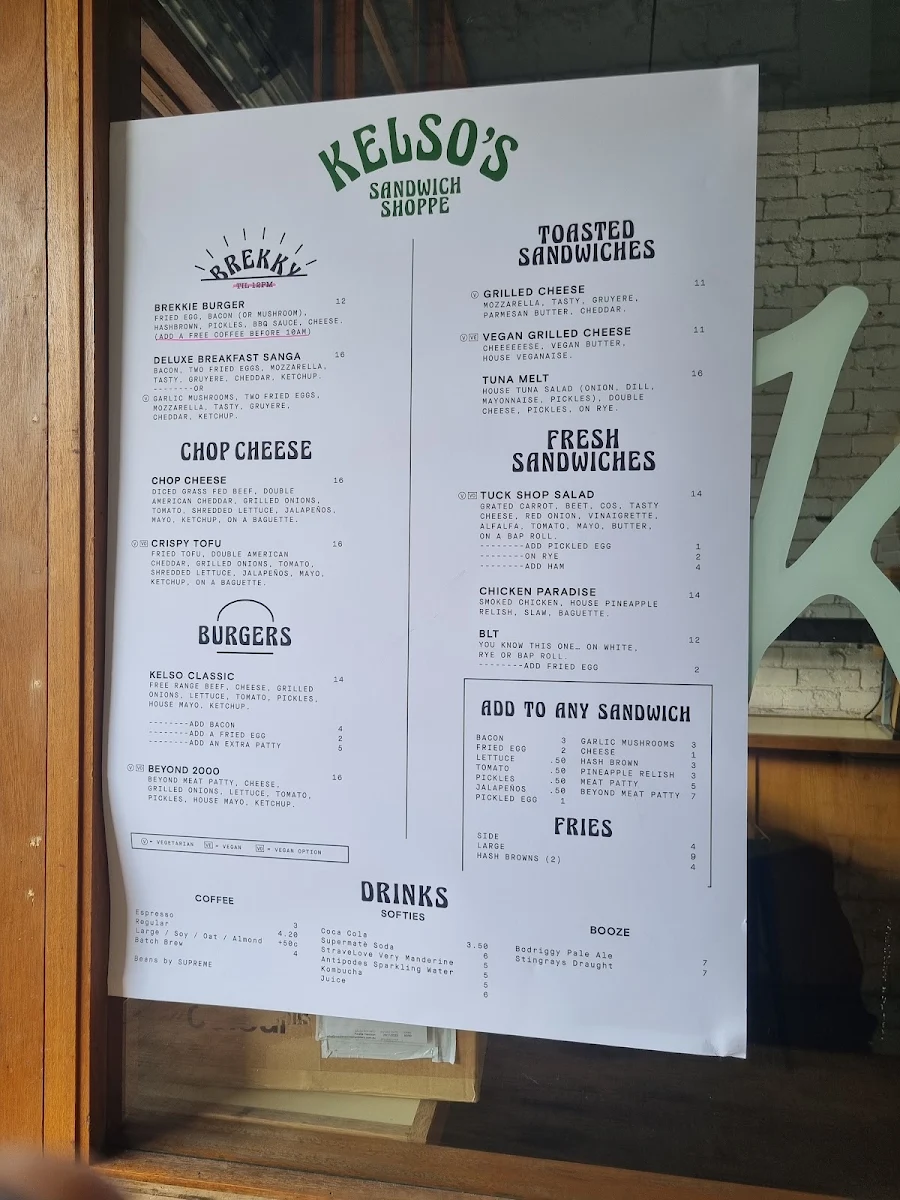 Menu, Kelso's Sandwich Shoppe