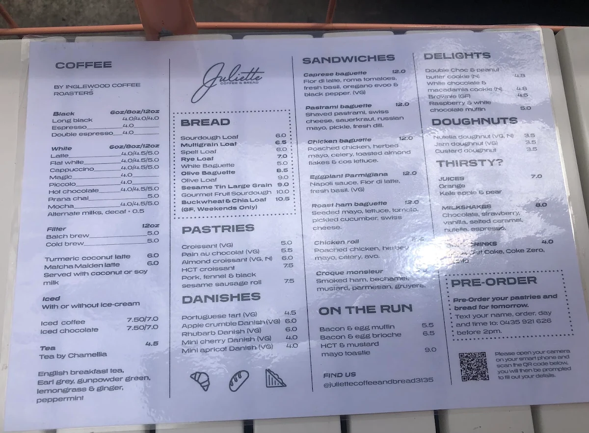 Menu, Juliette Coffee & Bread Ringwood East