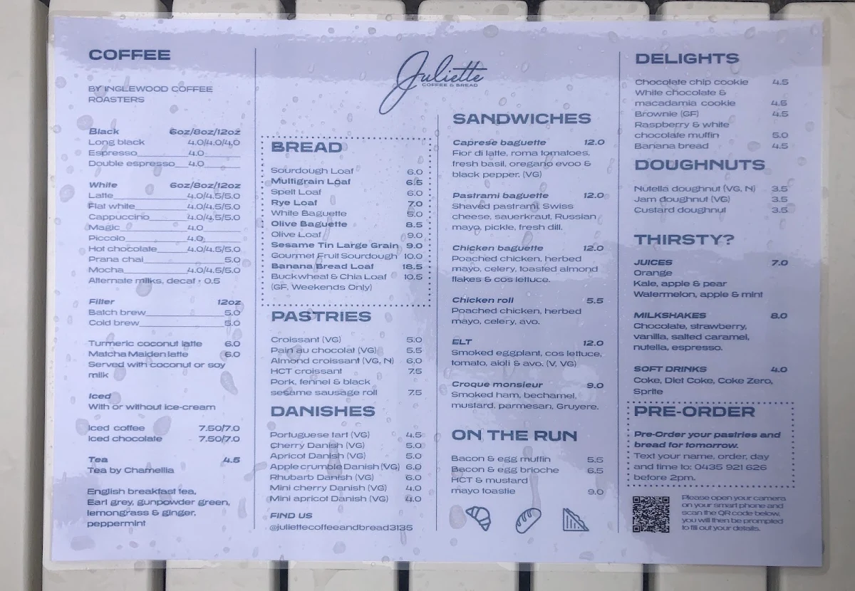 Menu, Juliette Coffee & Bread Ringwood East