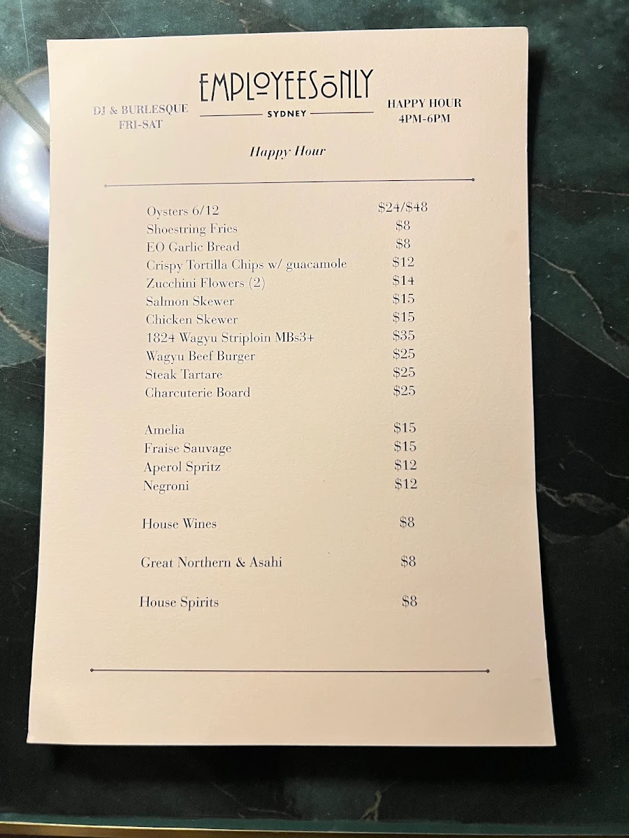 Menu, Employees Only Restaurant & Bar