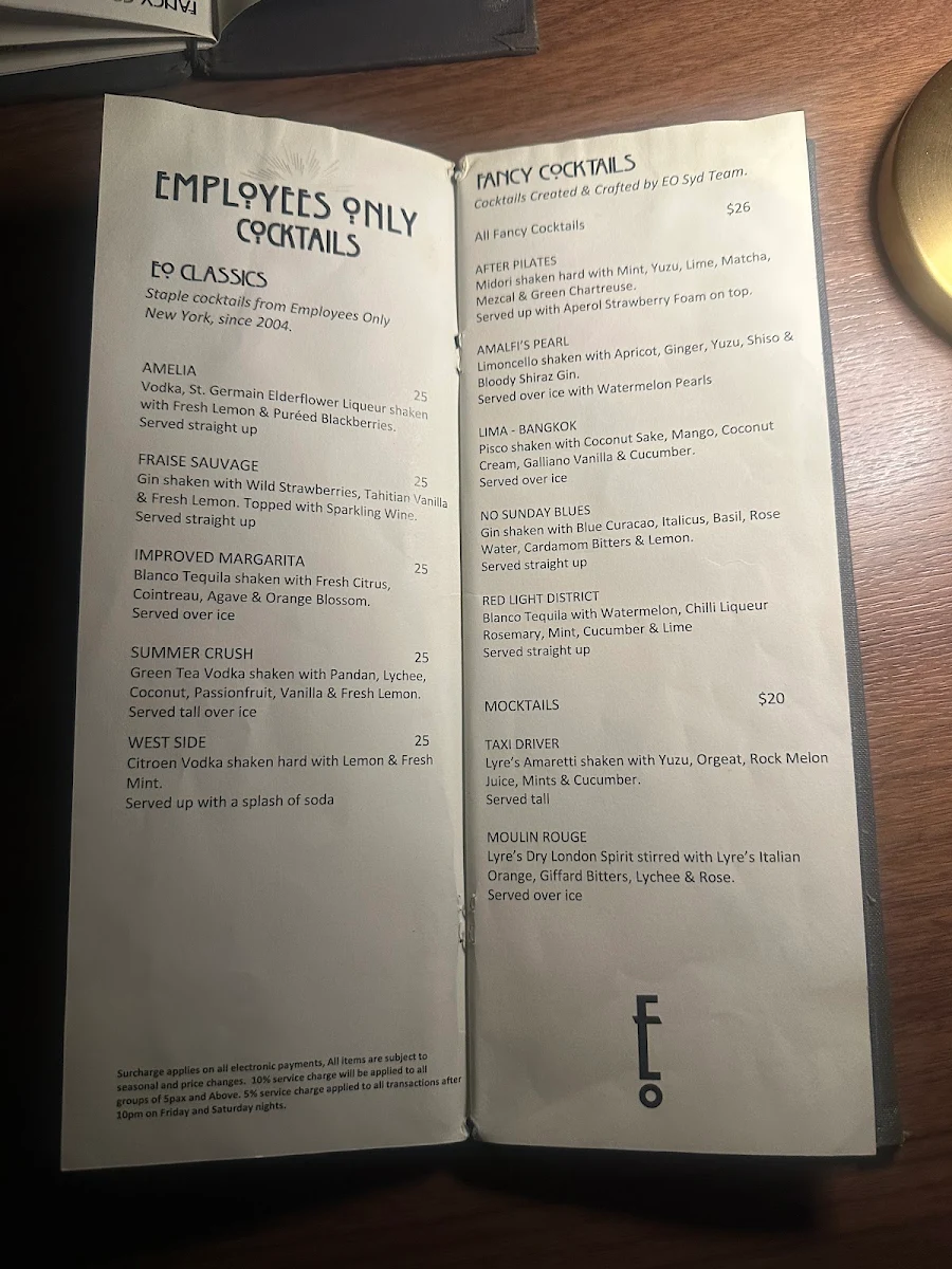 Menu, Employees Only Restaurant & Bar