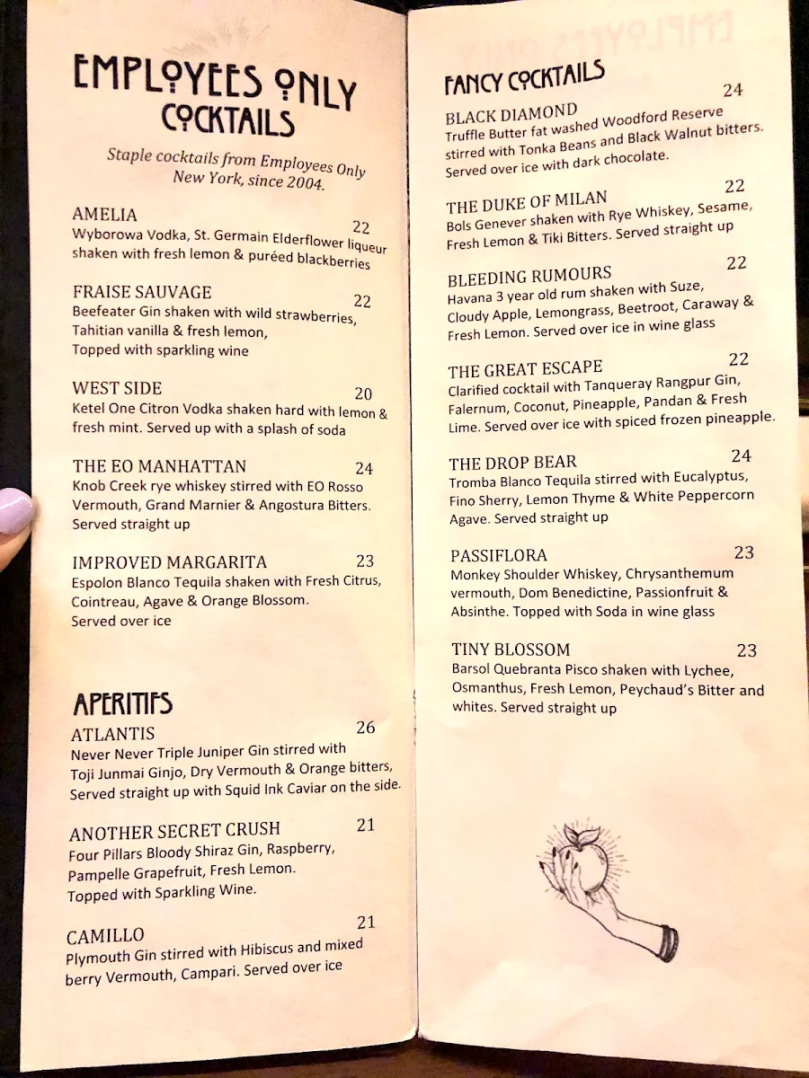 Menu, Employees Only Restaurant & Bar