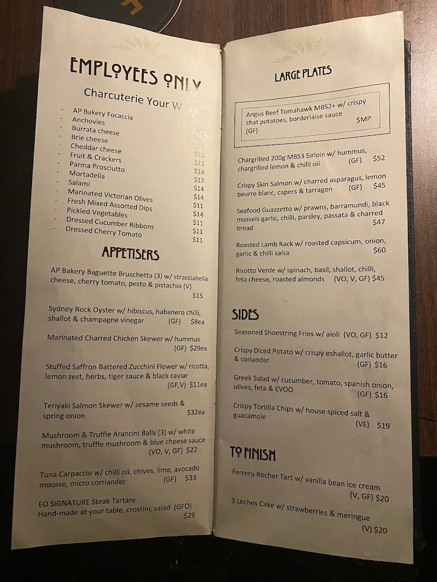 Menu, Employees Only Restaurant & Bar