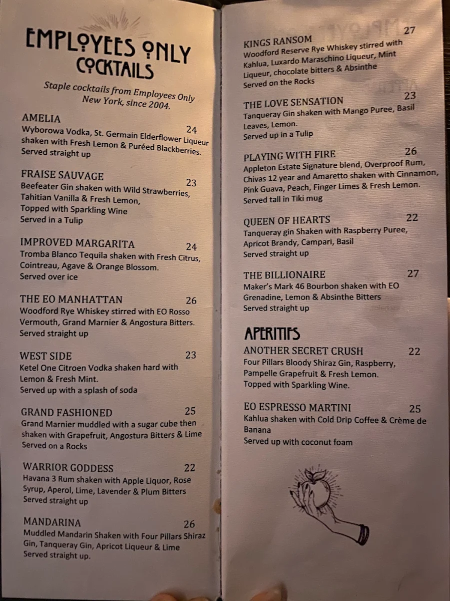 Menu, Employees Only Restaurant & Bar