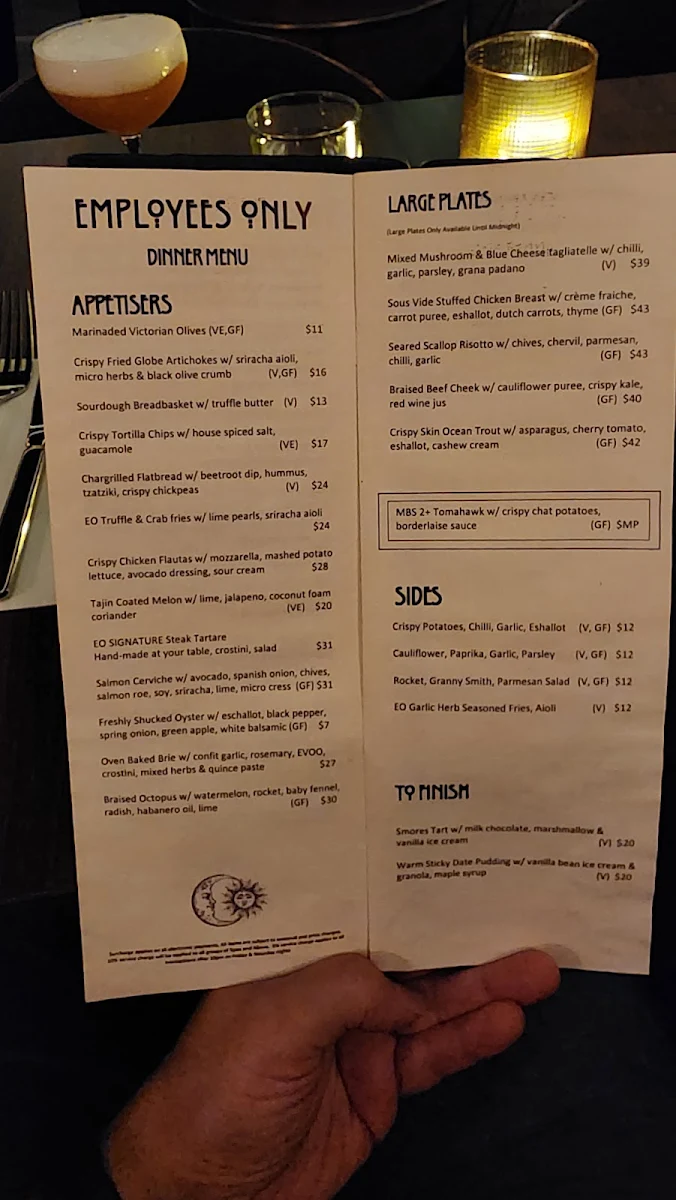 Menu, Employees Only Restaurant & Bar