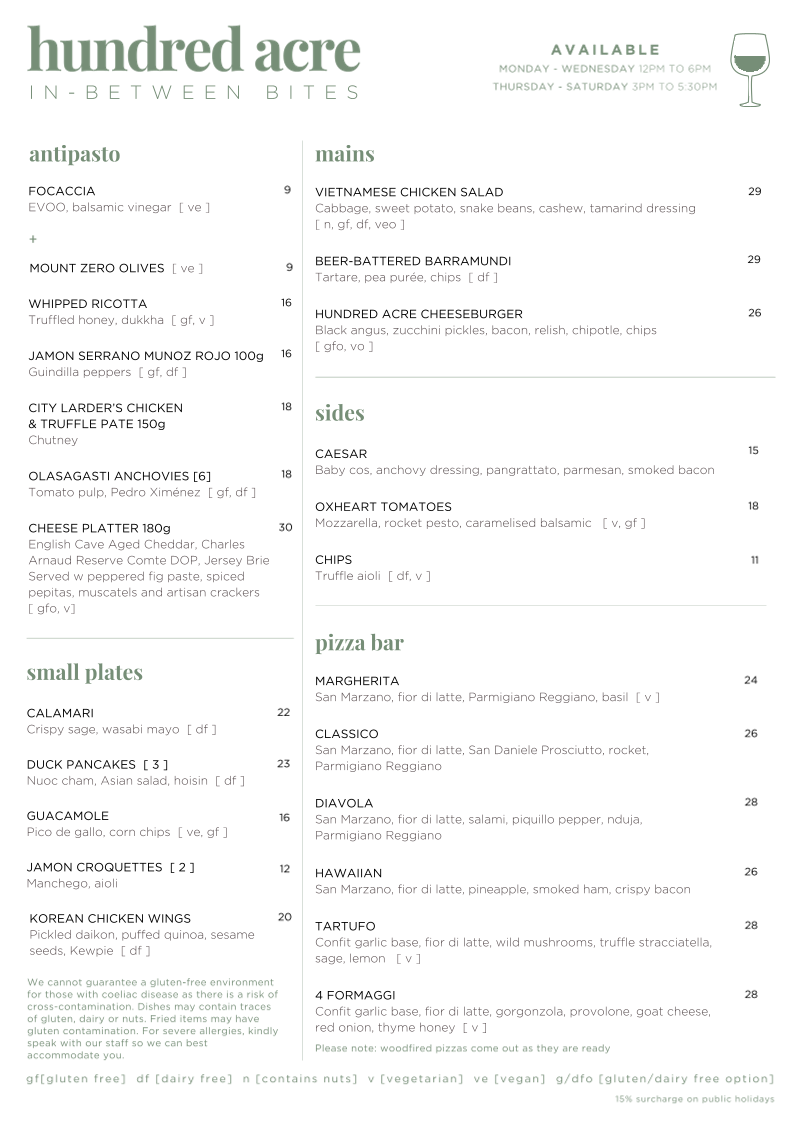 Menu, Hundred Acre
