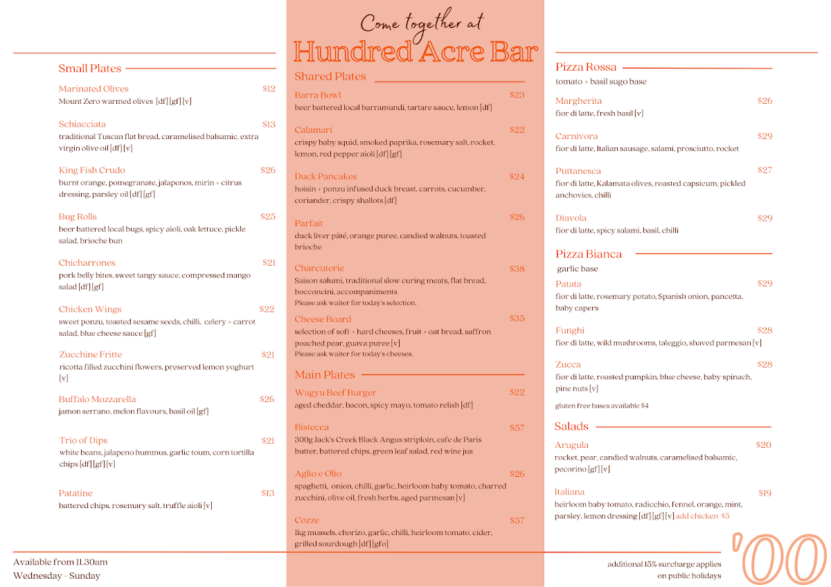 Menu, Hundred Acre
