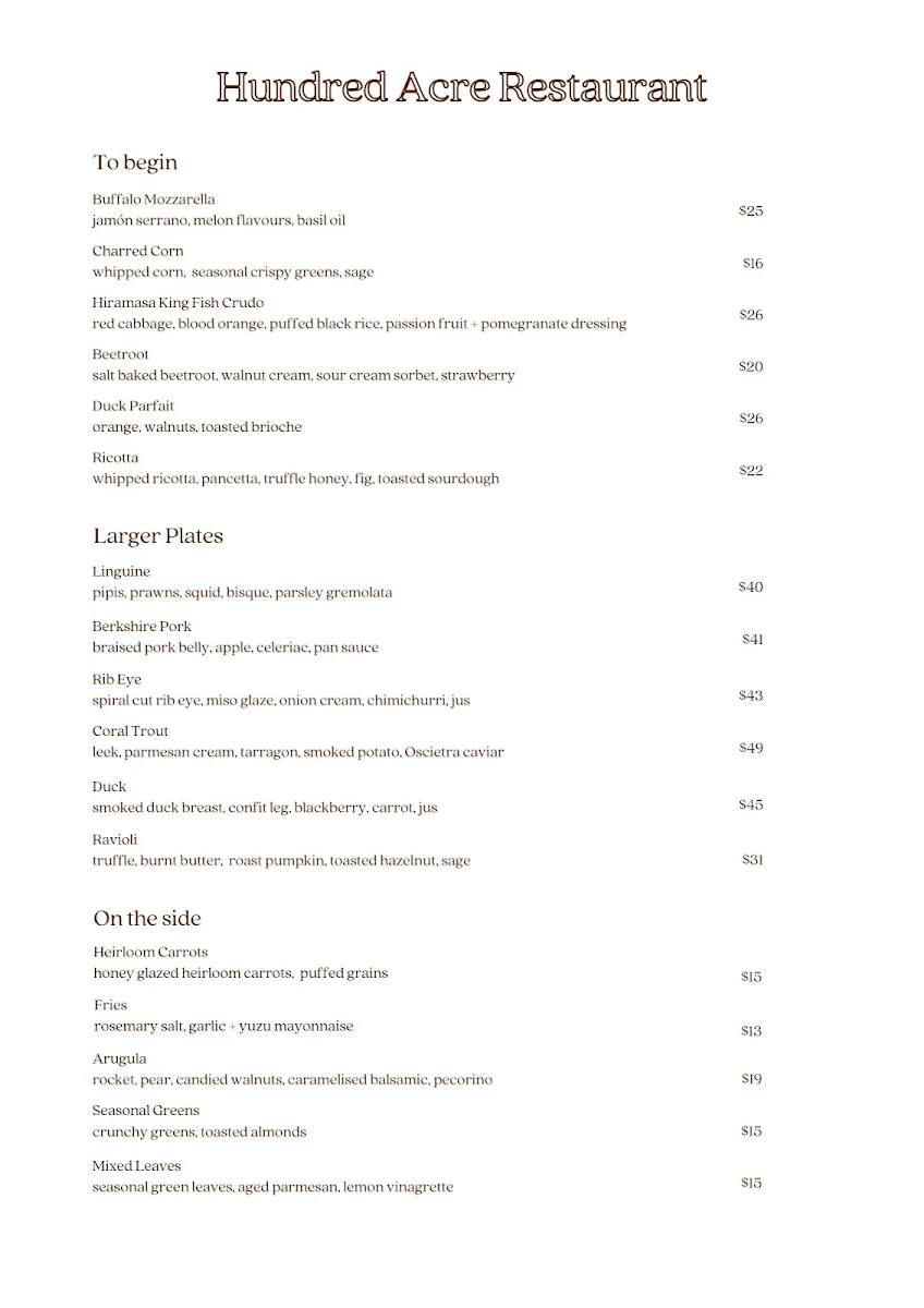 Menu, Hundred Acre