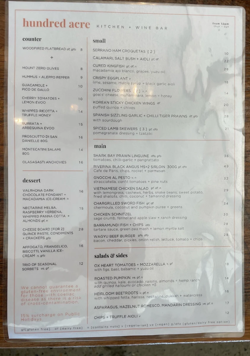 Menu, Hundred Acre