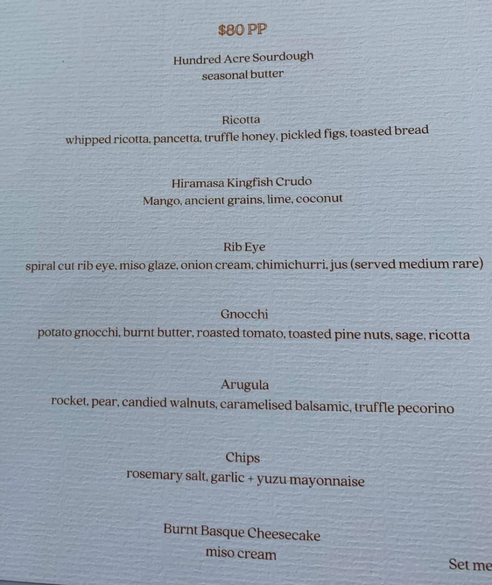 Menu, Hundred Acre