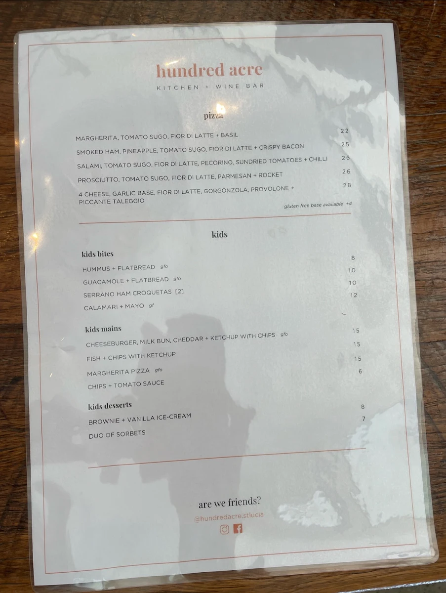 Menu, Hundred Acre