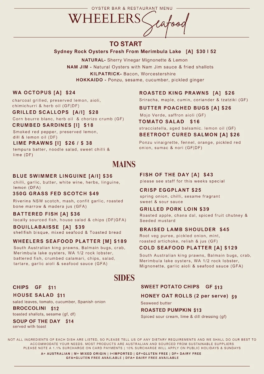 Menu, Wheeler's Seafood Restaurant & Oyster Bar