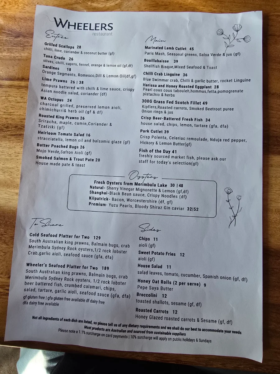 Menu, Wheeler's Seafood Restaurant & Oyster Bar