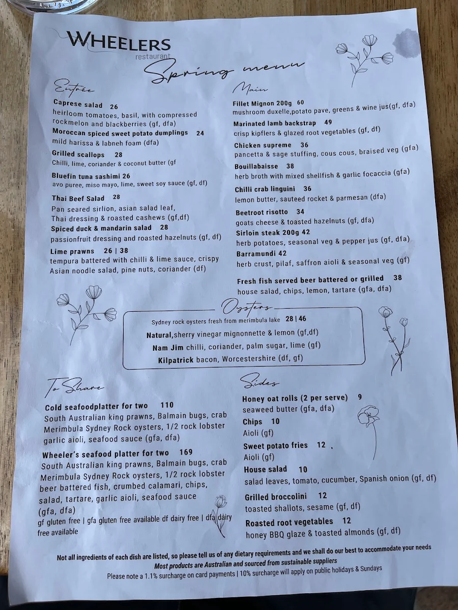 Menu, Wheeler's Seafood Restaurant & Oyster Bar