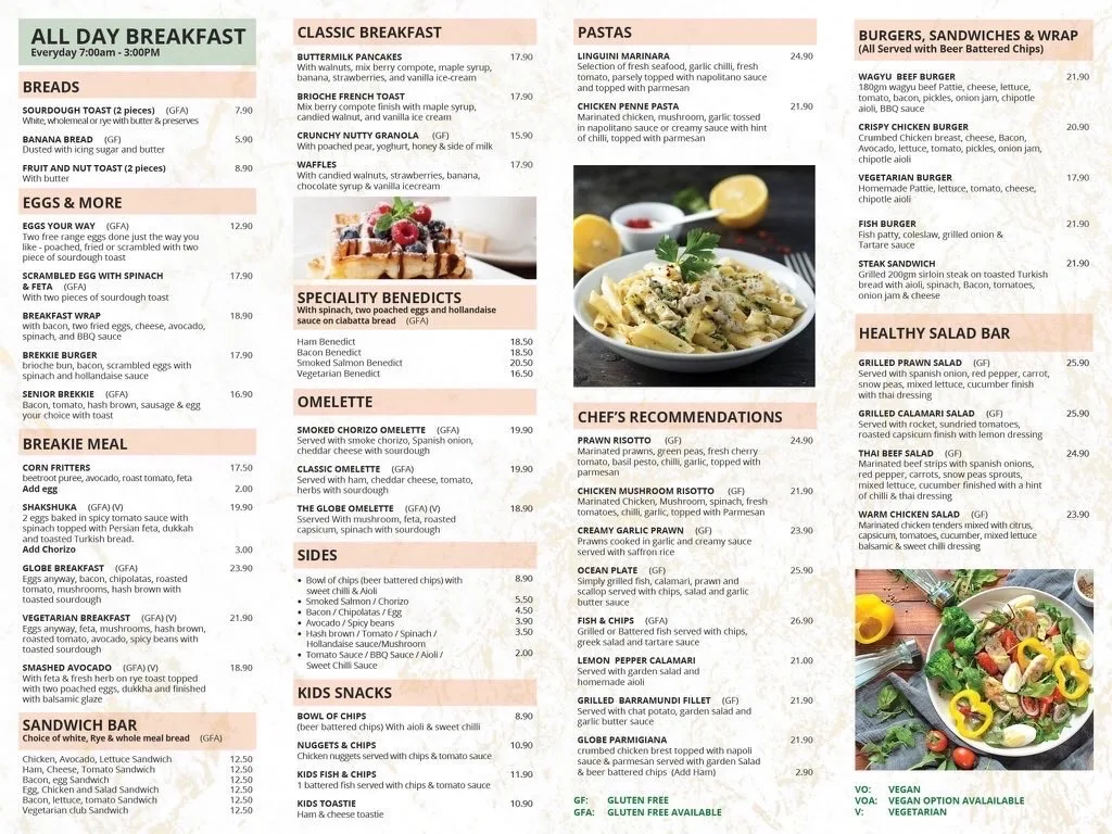 Menu, Globe Coffee House Southern River Square