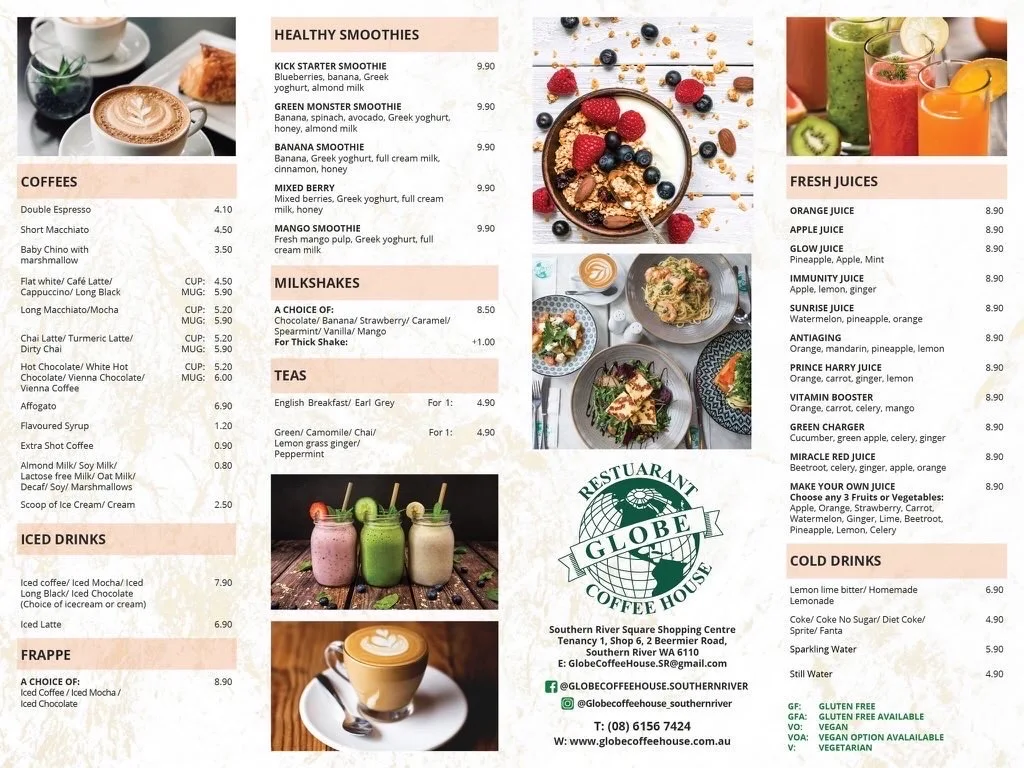 Menu, Globe Coffee House Southern River Square