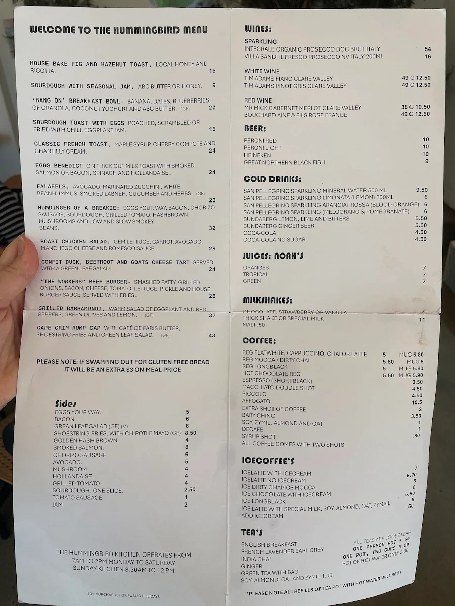 Menu, Hummingbird cafe Rockhampton