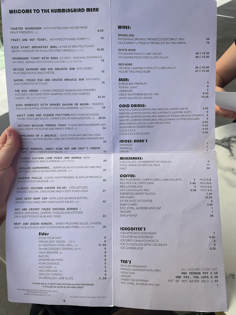 Menu, Hummingbird cafe Rockhampton