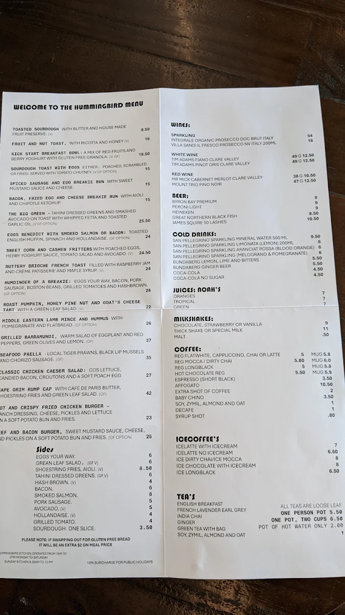 Menu, Hummingbird cafe Rockhampton