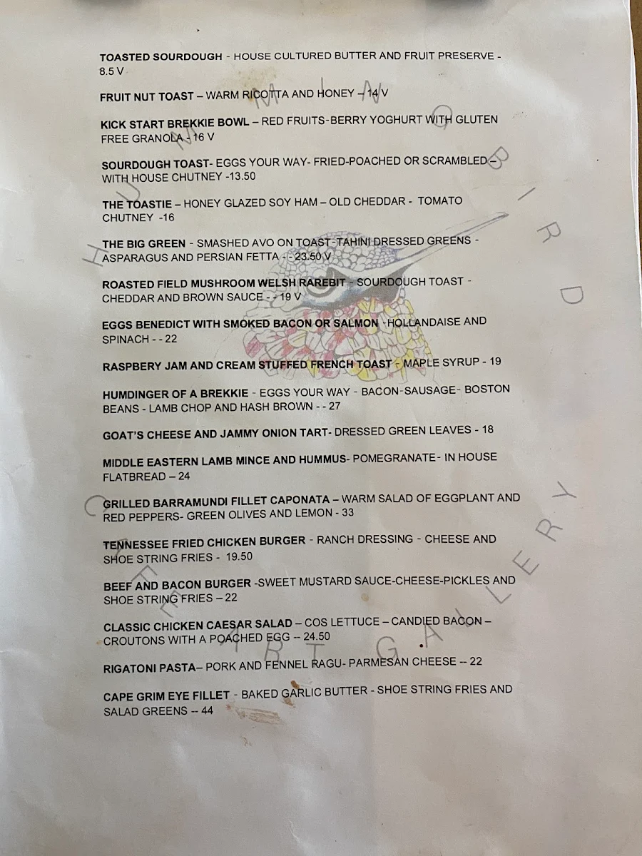 Menu, Hummingbird cafe Rockhampton