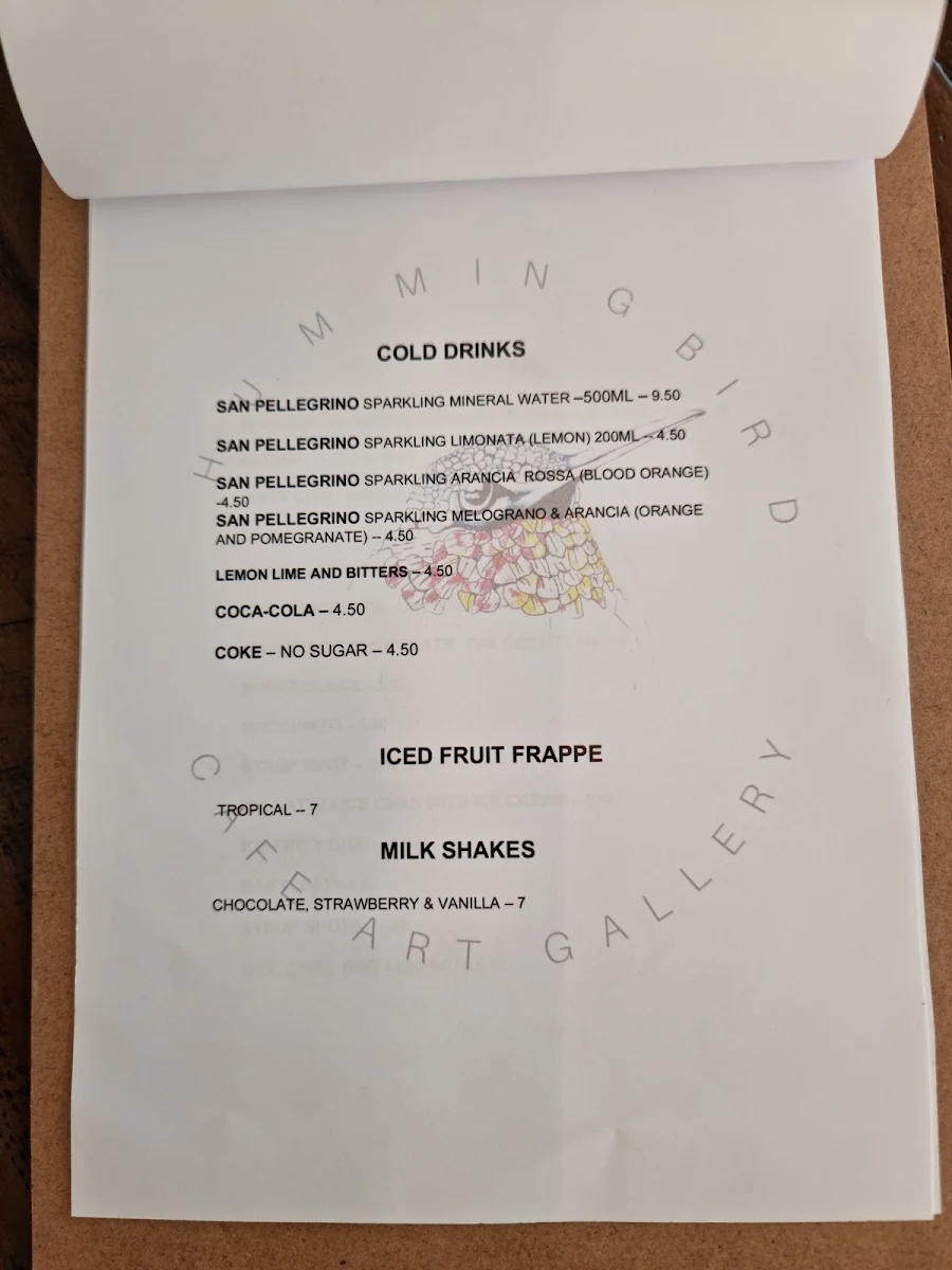 Menu, Hummingbird cafe Rockhampton