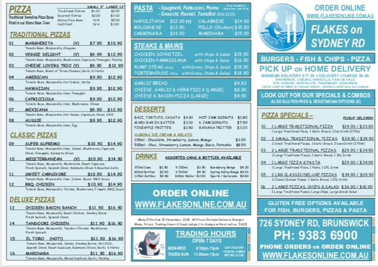 Menu, Flakes on Sydney Road Brunswick