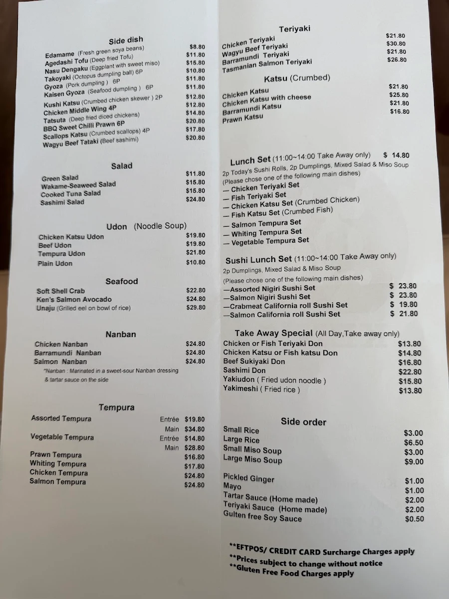 Menu, Ken's Sushi Bar Dining