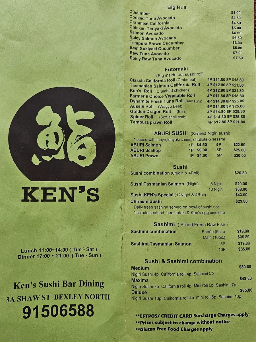 Menu, Ken's Sushi Bar Dining