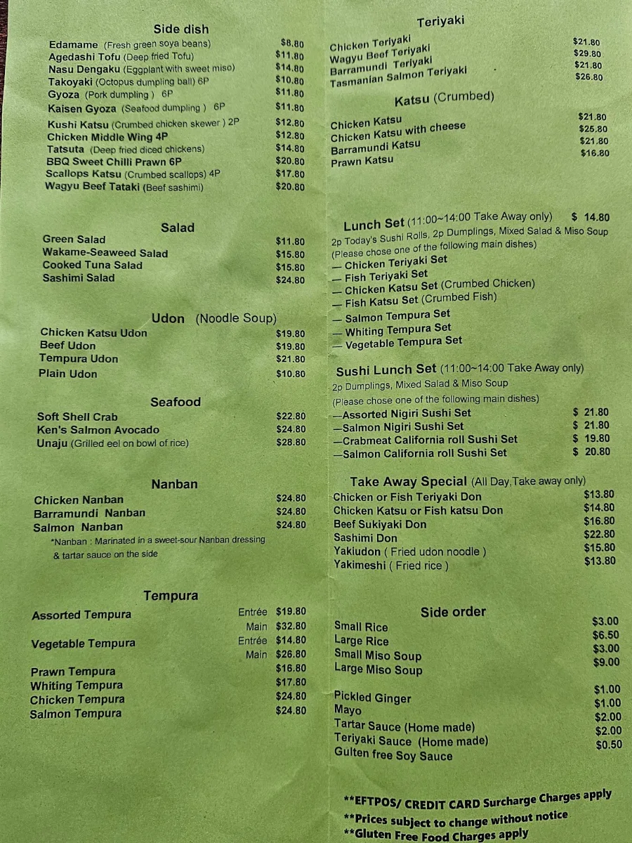 Menu, Ken's Sushi Bar Dining