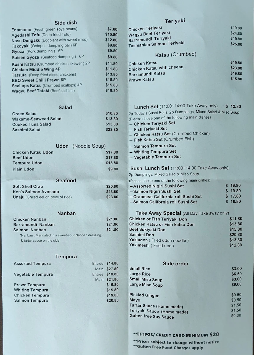 Menu, Ken's Sushi Bar Dining