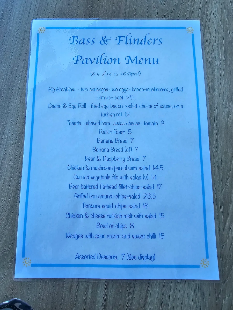 Menu, Bass & Flinders Pavilion
