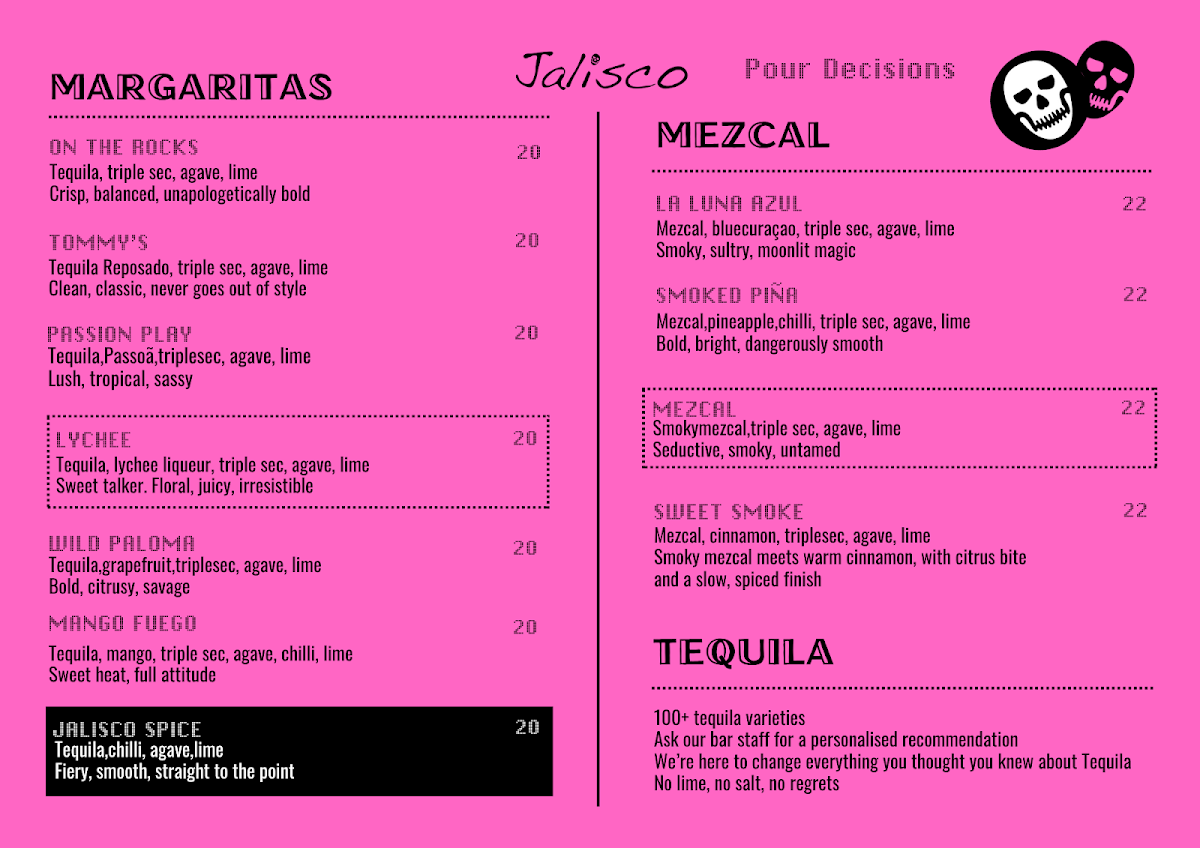 Menu, Jalisco Tequila Bar
