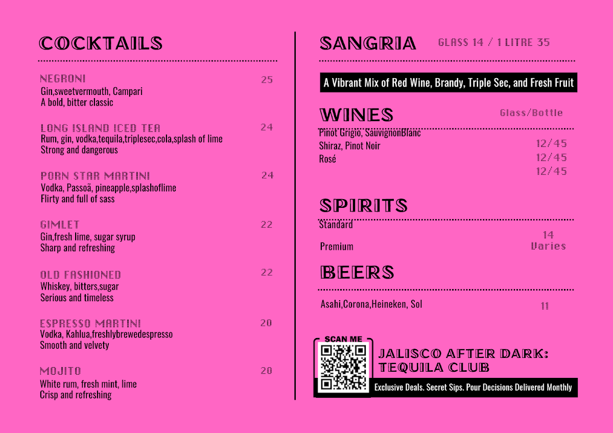 Menu, Jalisco Tequila Bar