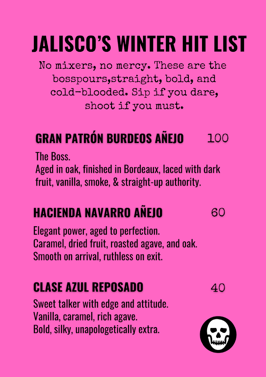 Menu, Jalisco Tequila Bar