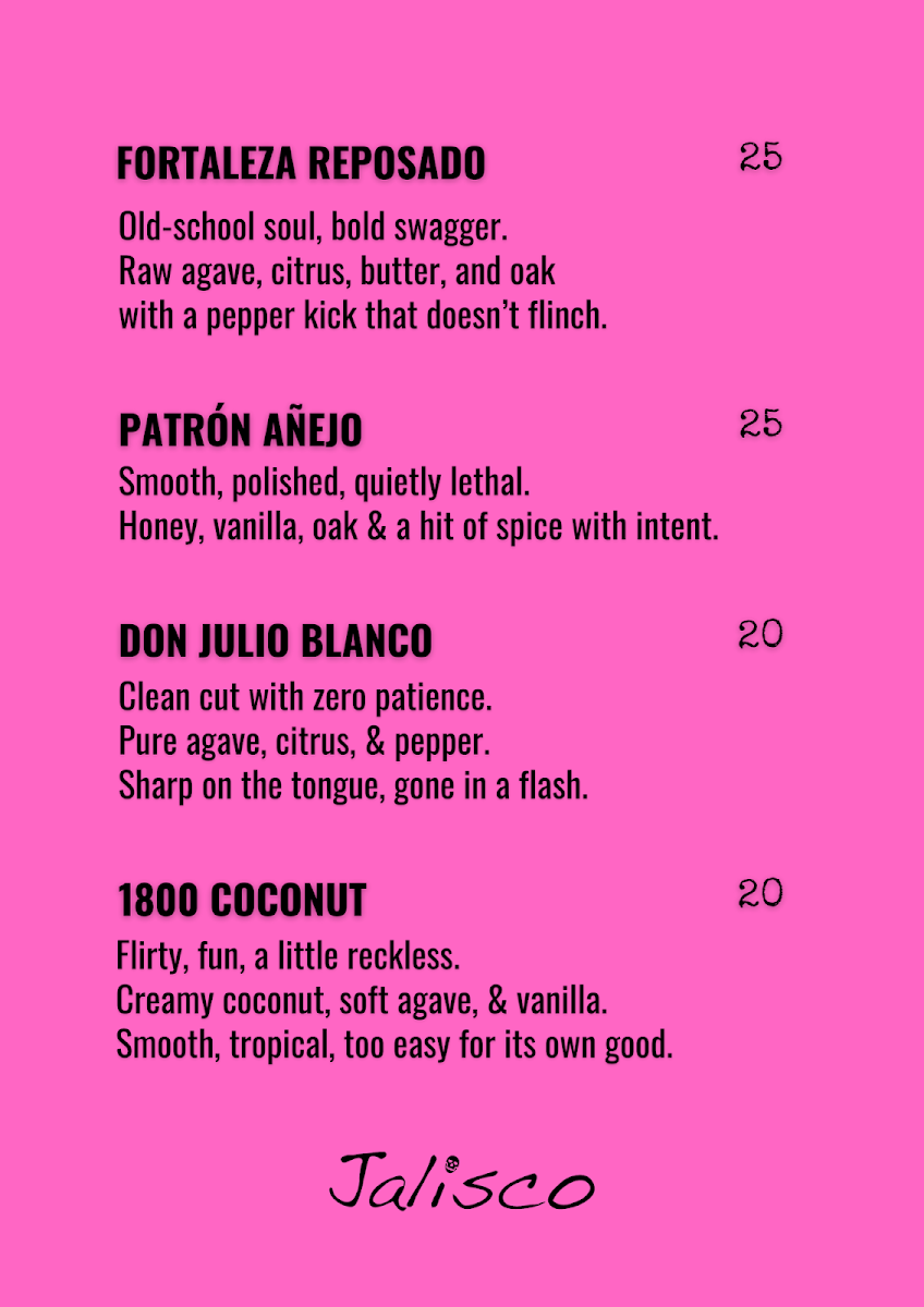 Menu, Jalisco Tequila Bar
