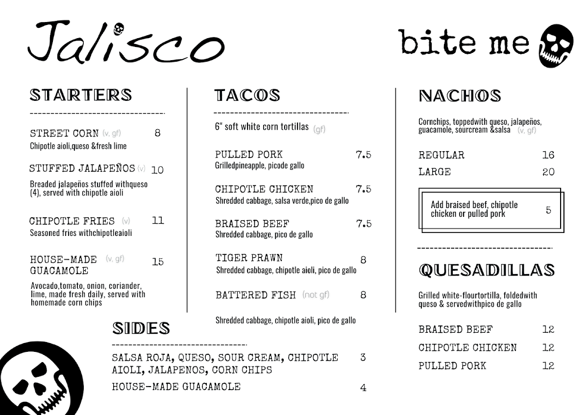 Menu, Jalisco Tequila Bar