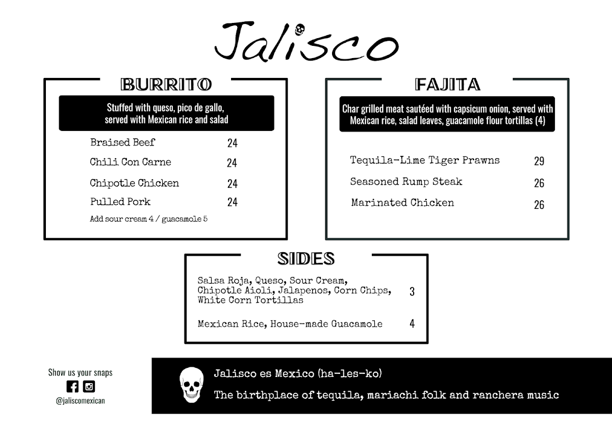 Menu, Jalisco Tequila Bar