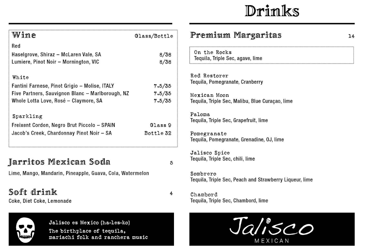 Menu, Jalisco Tequila Bar