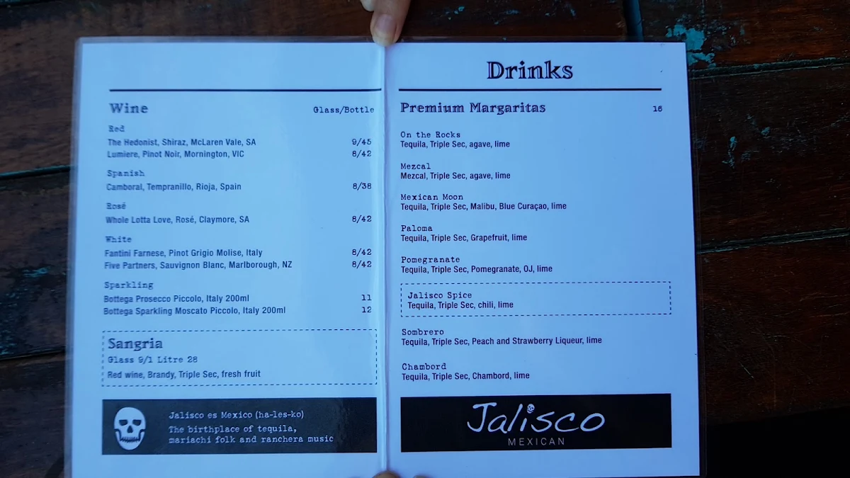 Menu, Jalisco Tequila Bar