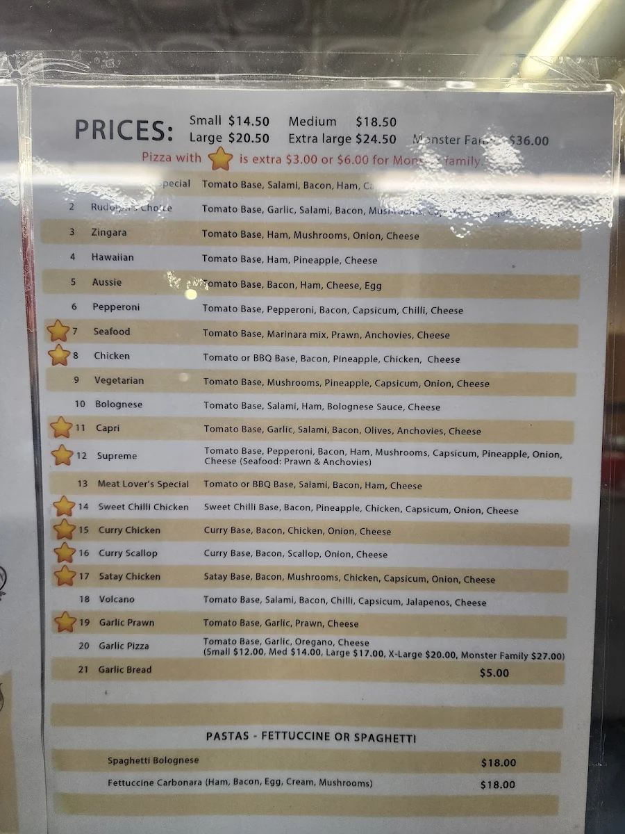 Menu, Derwent Park Pizza