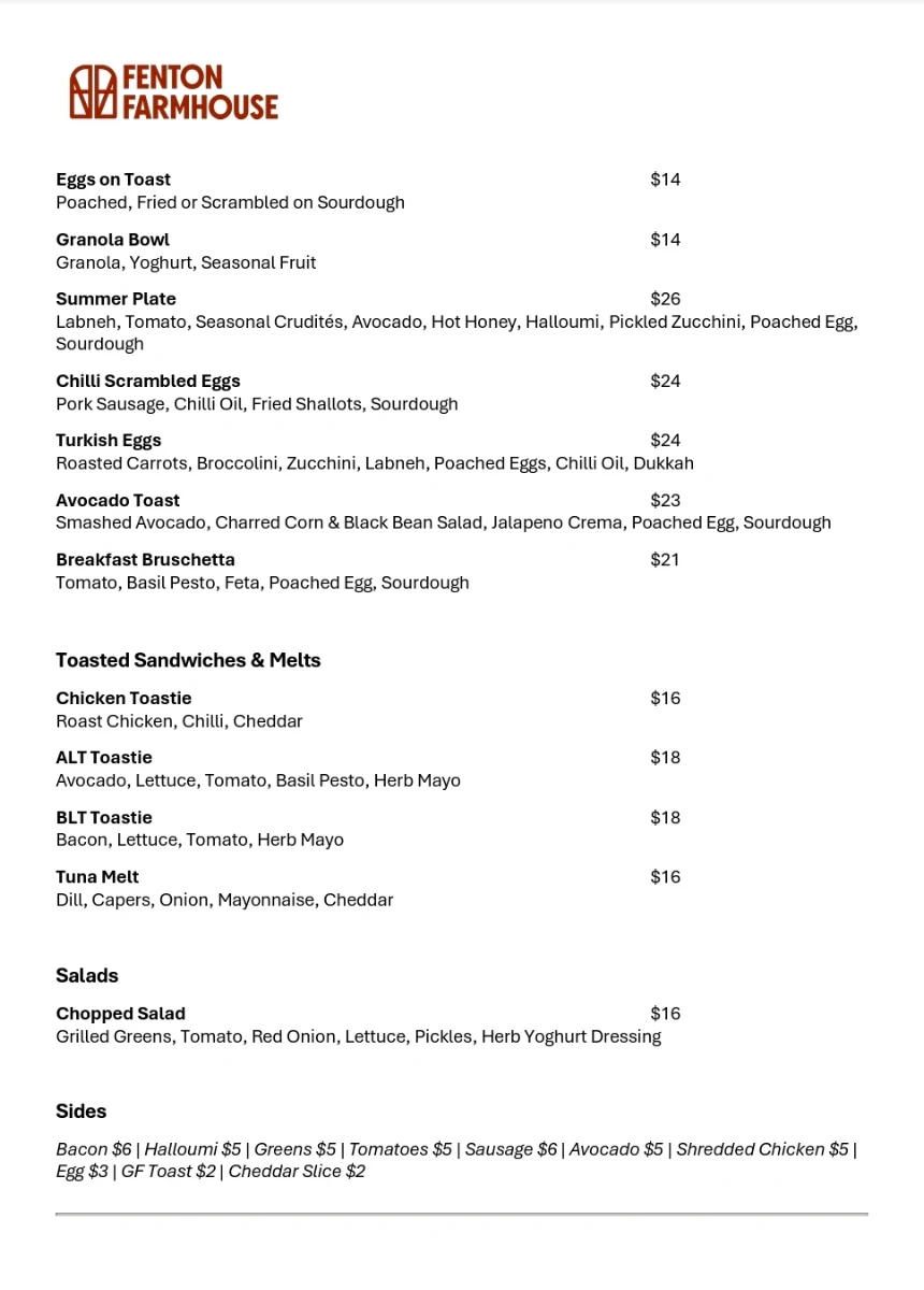 Menu, Fenton