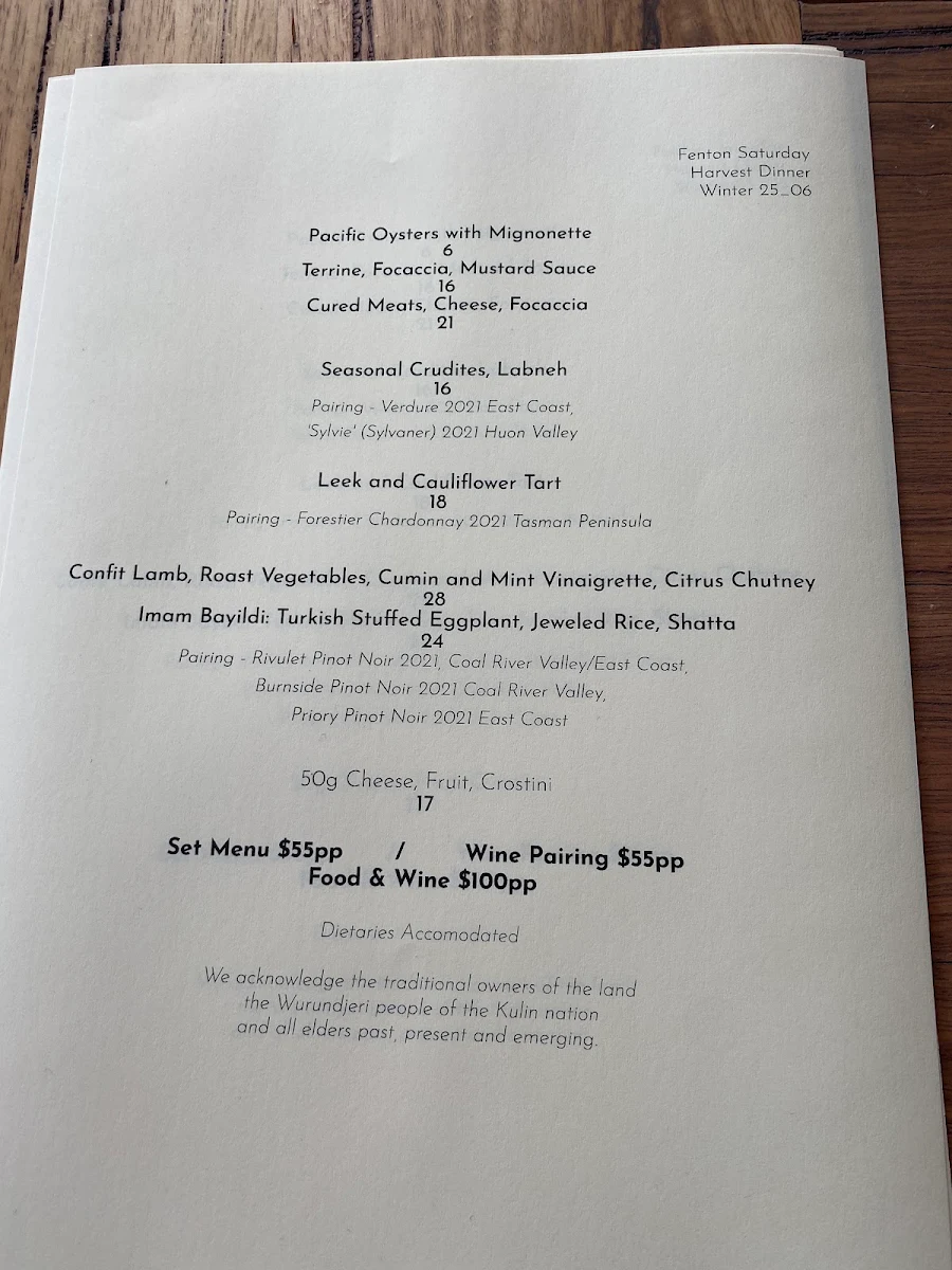 Menu, Fenton