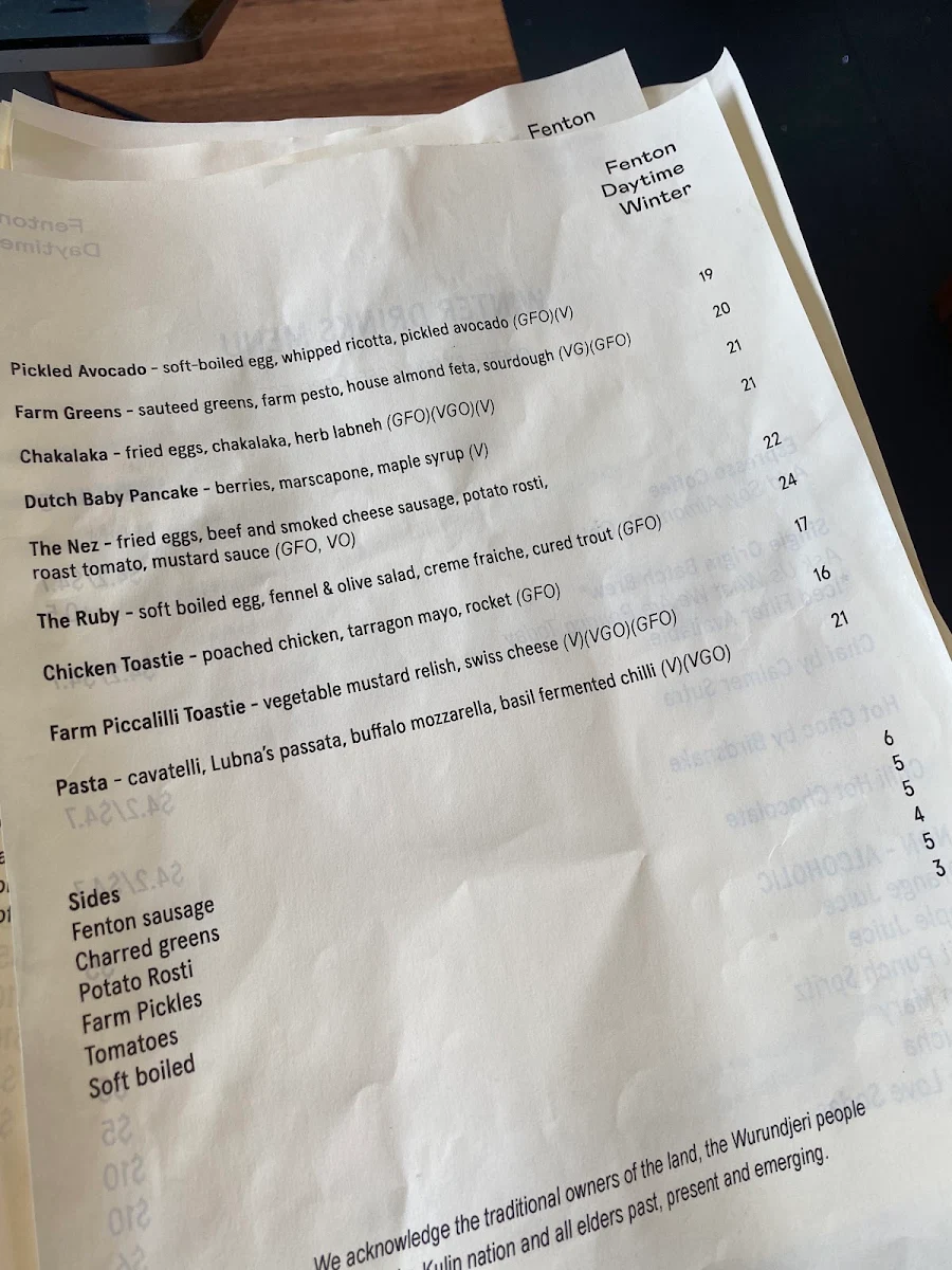 Menu, Fenton