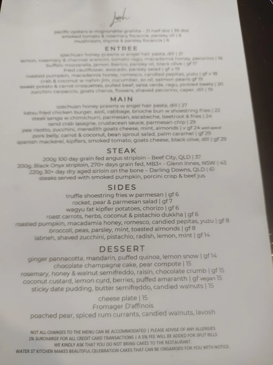 Menu, Water Street Kitchen